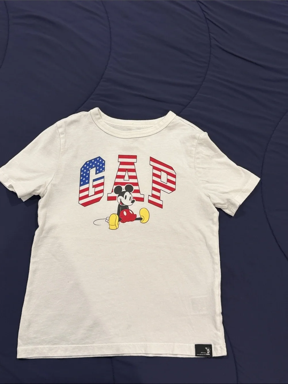 GAP White Tee with Flag-Patterned GAP Letters and Mickey